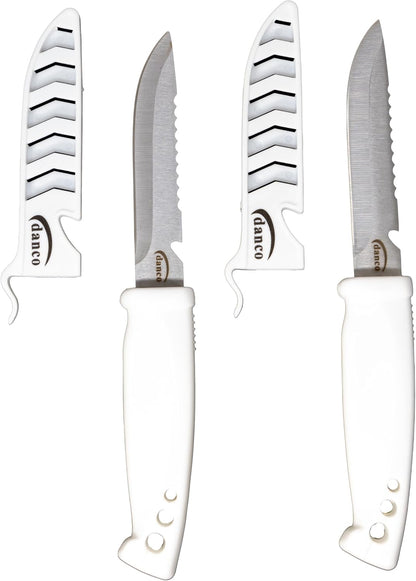 danco Deluxe Bait Knife 2-Pack, 4-Inch Stainless Steel Blades with Sheaths | 2-Pack 4-Inch Bait Knives, 420 Stainless Steel Blades, Serrated Spine, EZ-Line Cutter Sheaths, White Non-Slip Grip Handles