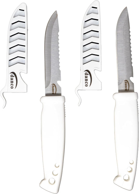 danco Deluxe Bait Knife 2-Pack, 4-Inch Stainless Steel Blades with Sheaths | 2-Pack 4-Inch Bait Knives, 420 Stainless Steel Blades, Serrated Spine, EZ-Line Cutter Sheaths, White Non-Slip Grip Handles