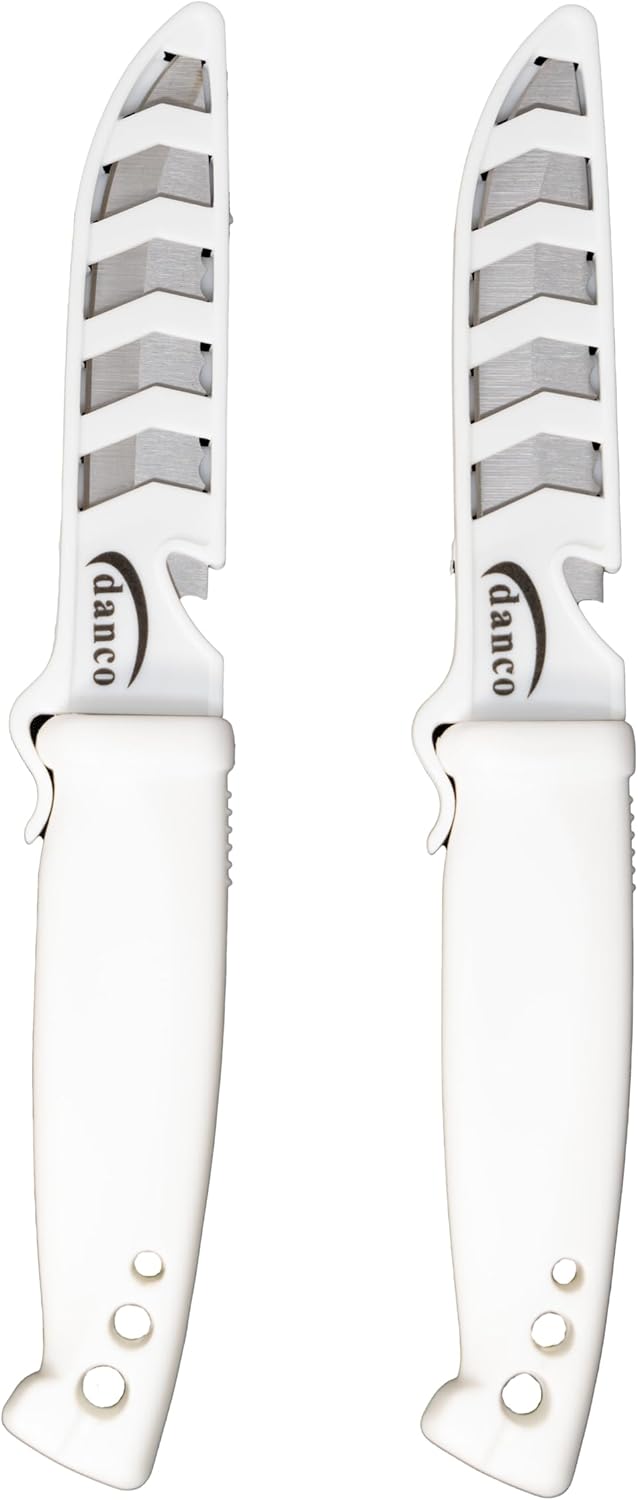 danco Deluxe Bait Knife 2-Pack, 4-Inch Stainless Steel Blades with Sheaths | 2-Pack 4-Inch Bait Knives, 420 Stainless Steel Blades, Serrated Spine, EZ-Line Cutter Sheaths, White Non-Slip Grip Handles
