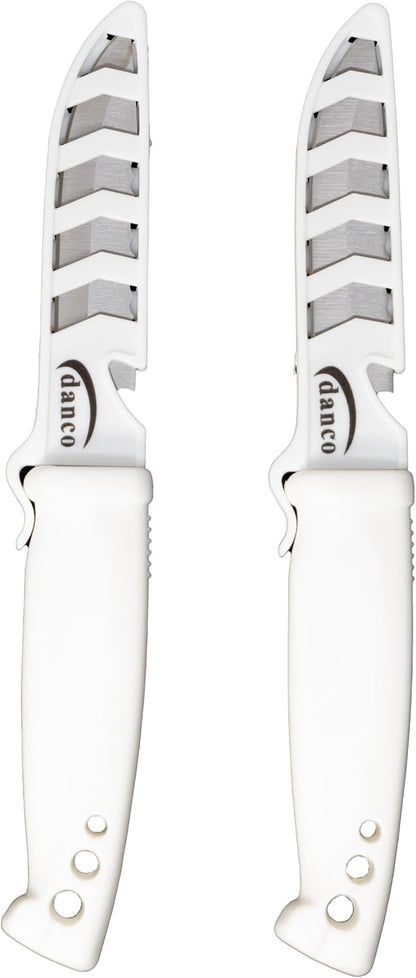 danco Deluxe Bait Knife 2-Pack, 4-Inch Stainless Steel Blades with Sheaths | 2-Pack 4-Inch Bait Knives, 420 Stainless Steel Blades, Serrated Spine, EZ-Line Cutter Sheaths, White Non-Slip Grip Handles