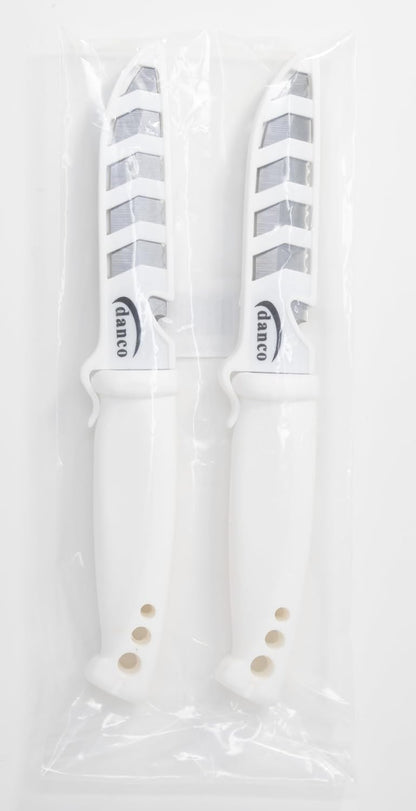 danco Deluxe Bait Knife 2-Pack, 4-Inch Stainless Steel Blades with Sheaths | 2-Pack 4-Inch Bait Knives, 420 Stainless Steel Blades, Serrated Spine, EZ-Line Cutter Sheaths, White Non-Slip Grip Handles