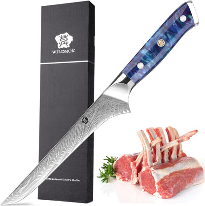 Damascus Boning Knife, 7 inch Super Sharp Fillet Knife, Japanese Damascus Steel, Full Tang Resin Handle, Includes Gift Box