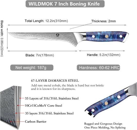 Damascus Boning Knife, 7 inch Super Sharp Fillet Knife, Japanese Damascus Steel, Full Tang Resin Handle, Includes Gift Box