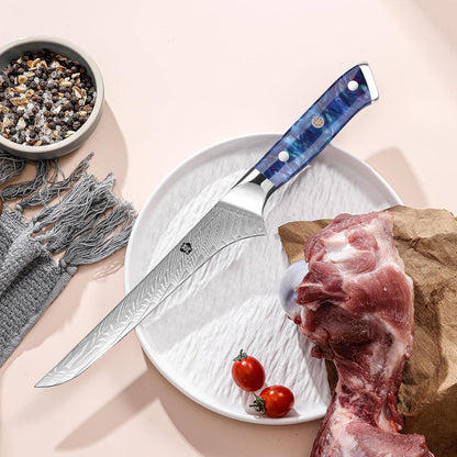 Damascus Boning Knife, 7 inch Super Sharp Fillet Knife, Japanese Damascus Steel, Full Tang Resin Handle, Includes Gift Box