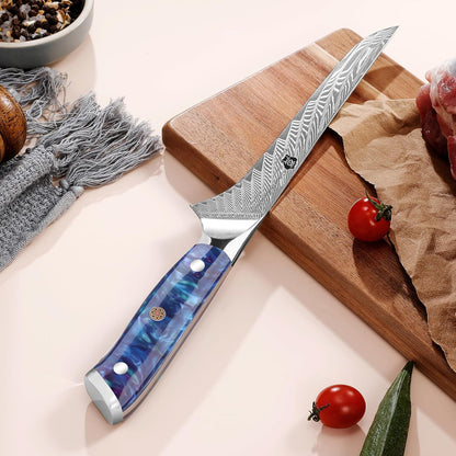 Damascus Boning Knife, 7 inch Super Sharp Fillet Knife, Japanese Damascus Steel, Full Tang Resin Handle, Includes Gift Box