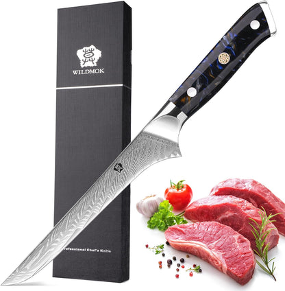 Damascus Boning Knife, 7 inch Super Sharp Fillet Knife, Japanese Damascus Steel, Full Tang Resin Handle, Includes Gift Box
