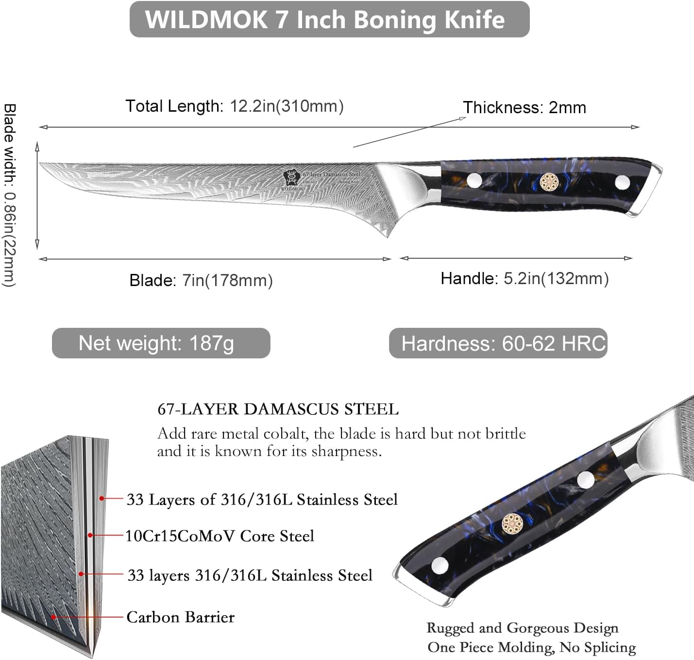 Damascus Boning Knife, 7 inch Super Sharp Fillet Knife, Japanese Damascus Steel, Full Tang Resin Handle, Includes Gift Box