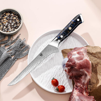 Damascus Boning Knife, 7 inch Super Sharp Fillet Knife, Japanese Damascus Steel, Full Tang Resin Handle, Includes Gift Box