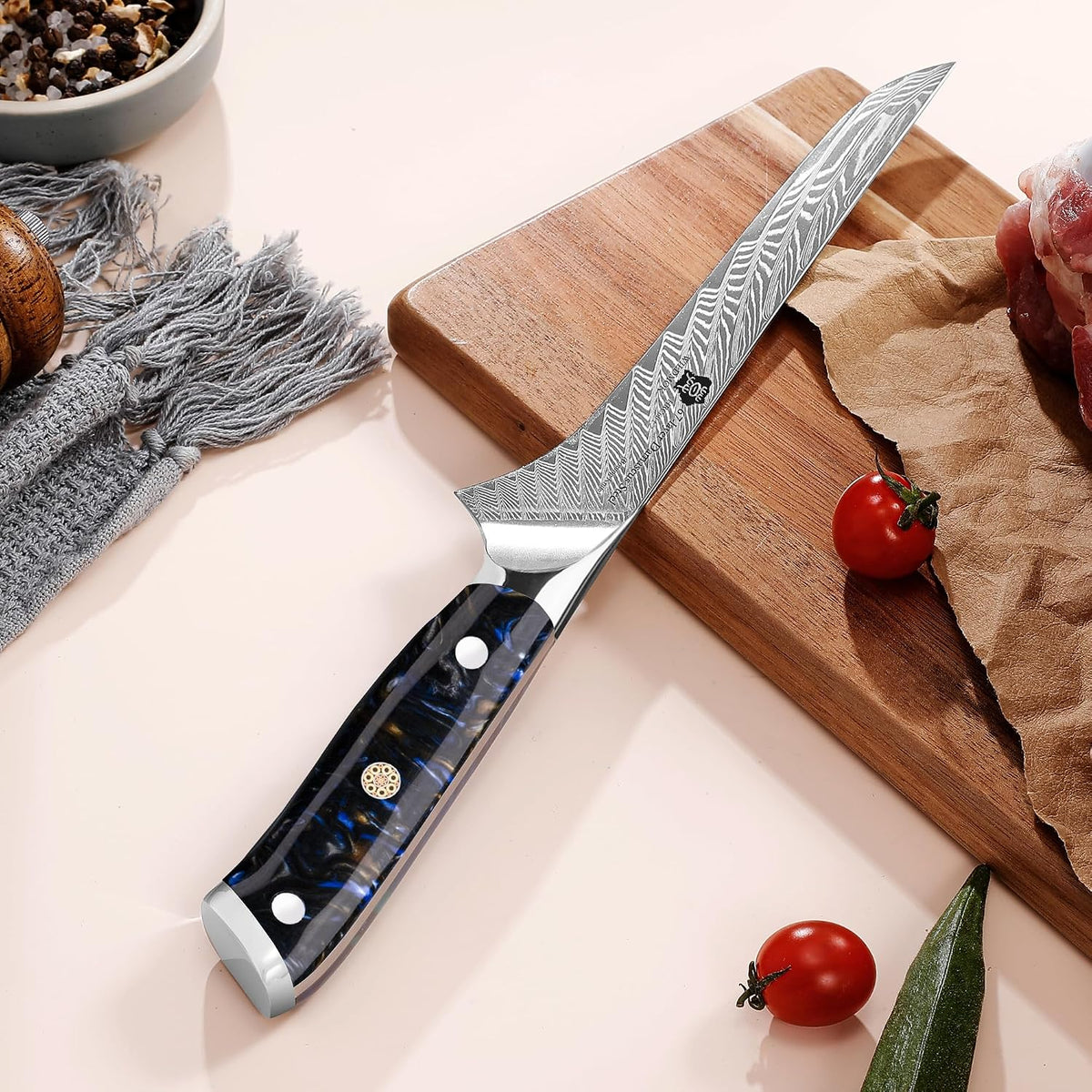 Damascus Boning Knife, 7 inch Super Sharp Fillet Knife, Japanese Damascus Steel, Full Tang Resin Handle, Includes Gift Box