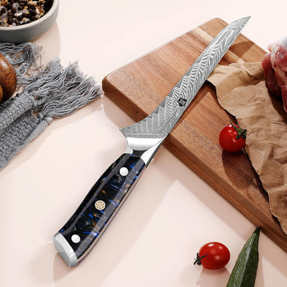 Damascus Boning Knife, 7 inch Super Sharp Fillet Knife, Japanese Damascus Steel, Full Tang Resin Handle, Includes Gift Box