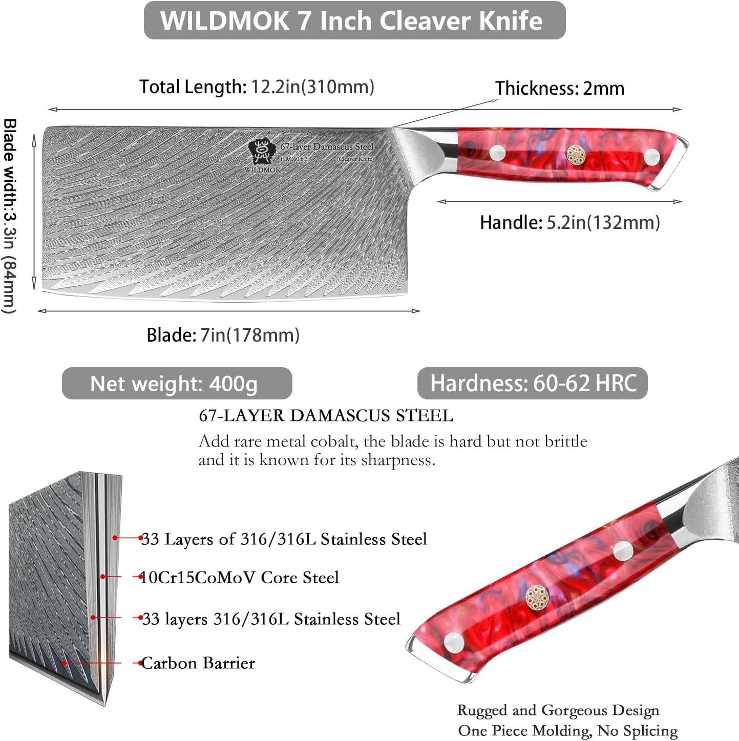 Damascus Boning Knife, 7 inch Super Sharp Fillet Knife, Japanese Damascus Steel, Full Tang Resin Handle, Includes Gift Box