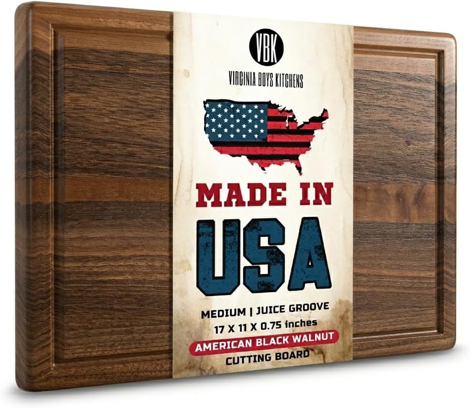 Made in USA Black Walnut Wood Cutting Board - Butcher Block Wooden Carving Board with Juice Well made from Sustainable Hardwood (17x11)