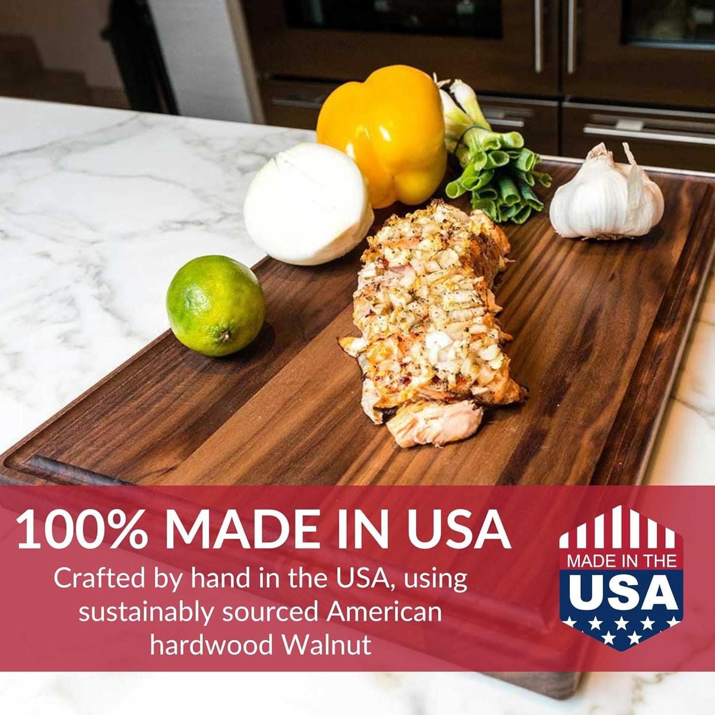 Made in USA Black Walnut Wood Cutting Board - Butcher Block Wooden Carving Board with Juice Well made from Sustainable Hardwood (17x11)