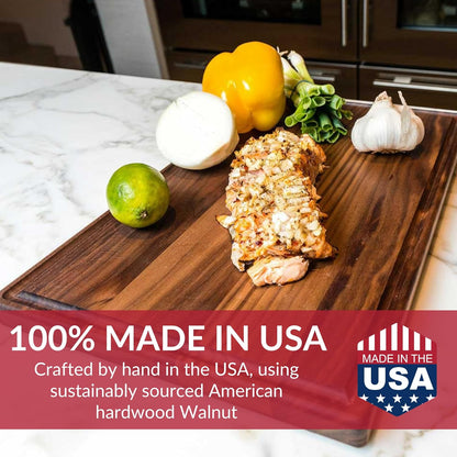 Made in USA Black Walnut Wood Cutting Board - Butcher Block Wooden Carving Board with Juice Well made from Sustainable Hardwood (17x11)