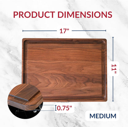 Made in USA Black Walnut Wood Cutting Board - Butcher Block Wooden Carving Board with Juice Well made from Sustainable Hardwood (17x11)
