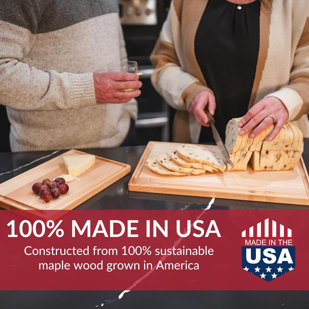Made in USA Black Walnut Wood Cutting Board - Butcher Block Wooden Carving Board with Juice Well made from Sustainable Hardwood (17x11)