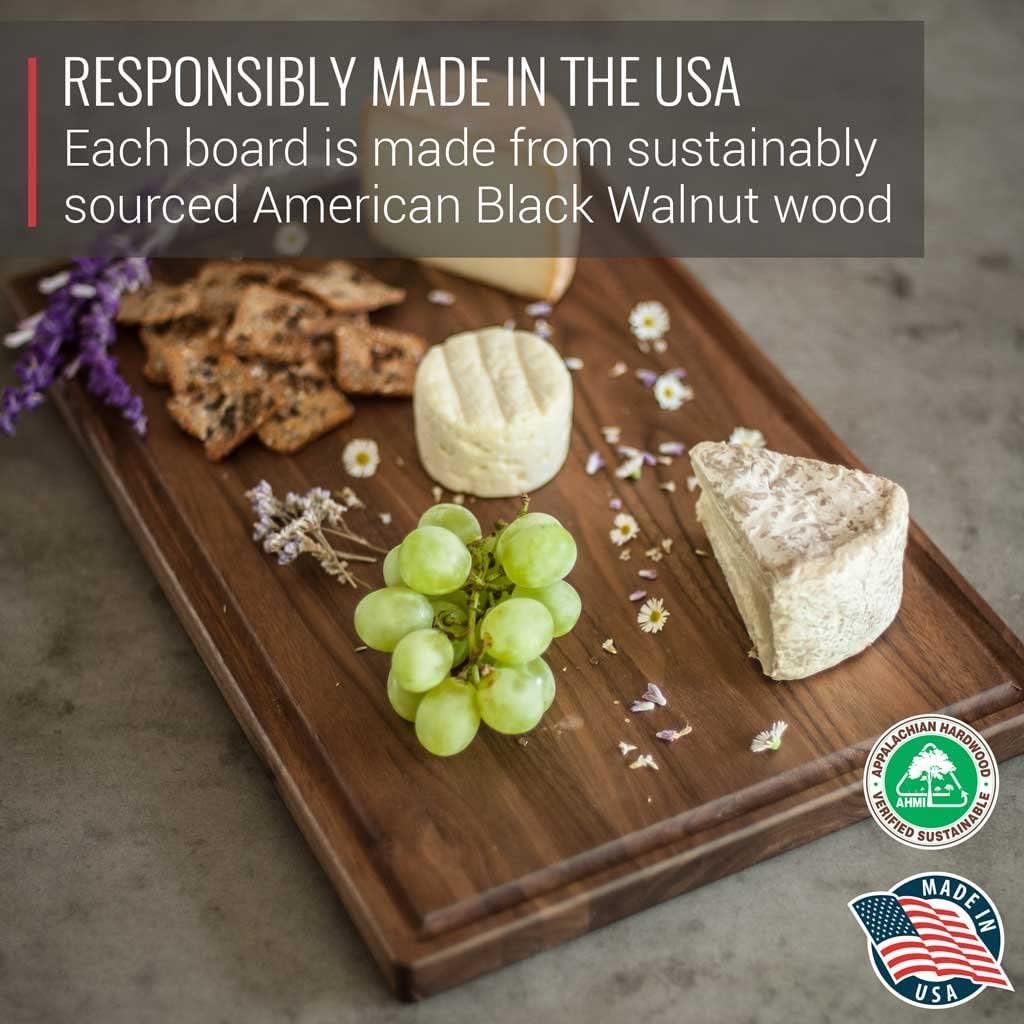 Made in USA Black Walnut Wood Cutting Board - Butcher Block Wooden Carving Board with Juice Well made from Sustainable Hardwood (17x11)