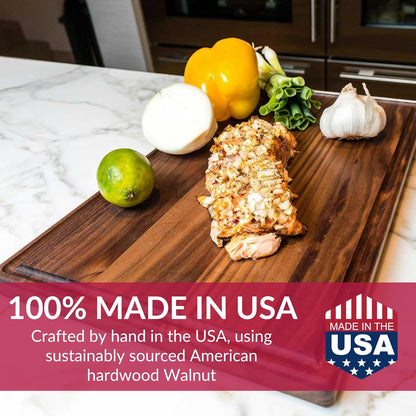 Made in USA Black Walnut Wood Cutting Board - Butcher Block Wooden Carving Board with Juice Well made from Sustainable Hardwood (17x11)