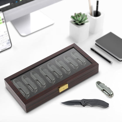 Knife Display Case 8 Slot Knife Storage Box with Lock,Transparent Glass Top, Pocket Knife Collection Organizer Multi Purpose Safe Lock Box, Men Gift (Ebony Color)