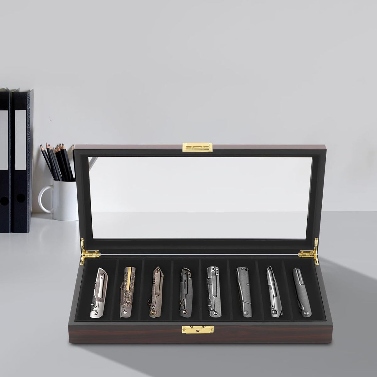 Knife Display Case 8 Slot Knife Storage Box with Lock,Transparent Glass Top, Pocket Knife Collection Organizer Multi Purpose Safe Lock Box, Men Gift (Ebony Color)