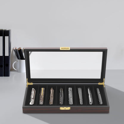Knife Display Case 8 Slot Knife Storage Box with Lock,Transparent Glass Top, Pocket Knife Collection Organizer Multi Purpose Safe Lock Box, Men Gift (Ebony Color)