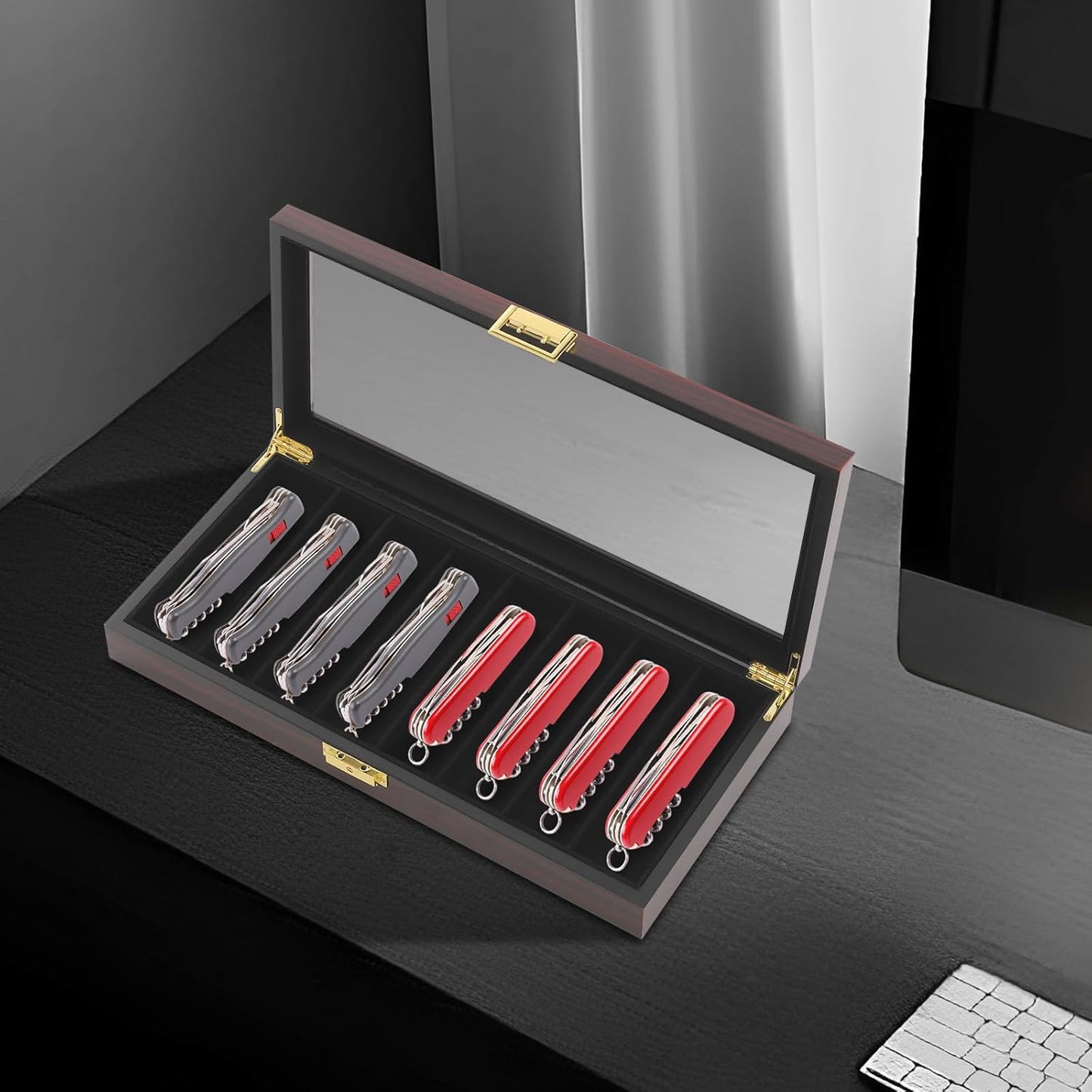 Knife Display Case 8 Slot Knife Storage Box with Lock,Transparent Glass Top, Pocket Knife Collection Organizer Multi Purpose Safe Lock Box, Men Gift (Ebony Color)