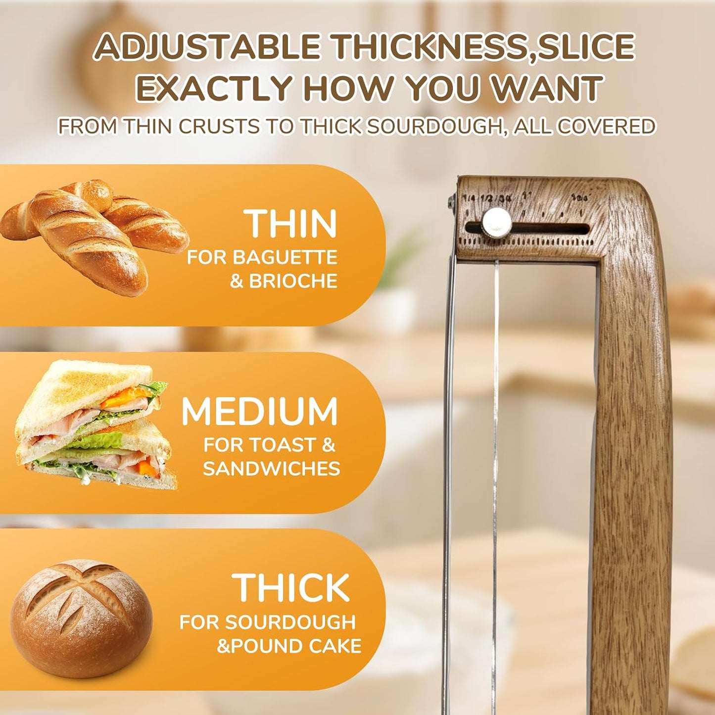 Adjustable Bread Slicer, Bread Knife for Homemade Bread, Manual Slicer Cutter Sharp Serrated Stainless Steel Blade Sourdough Tools for Baguettes, Bagels & Loaves, Ideal Gift for Bakers