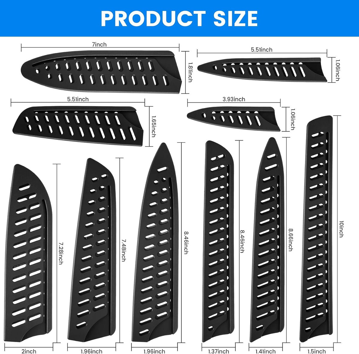 10-Pack Black Knife Sheaths for Kitchen Knives - Universal Protective Blade Covers for 10" Bread Knife, 8" Carving, 7" Chef, 5" Utility, 3.5" Paring Knives, Ventilated Safe Storage, PP Material