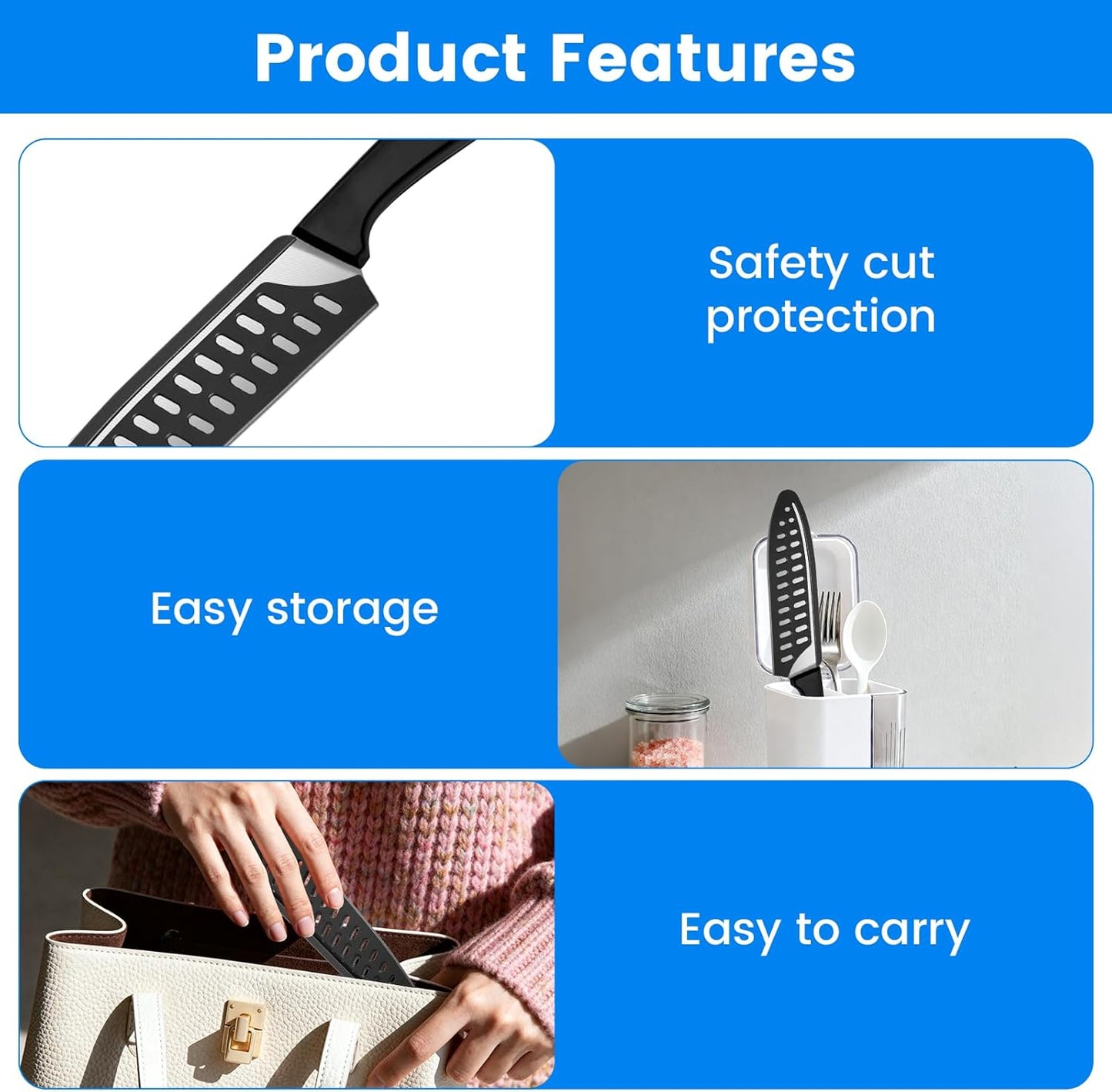 10-Pack Black Knife Sheaths for Kitchen Knives - Universal Protective Blade Covers for 10" Bread Knife, 8" Carving, 7" Chef, 5" Utility, 3.5" Paring Knives, Ventilated Safe Storage, PP Material