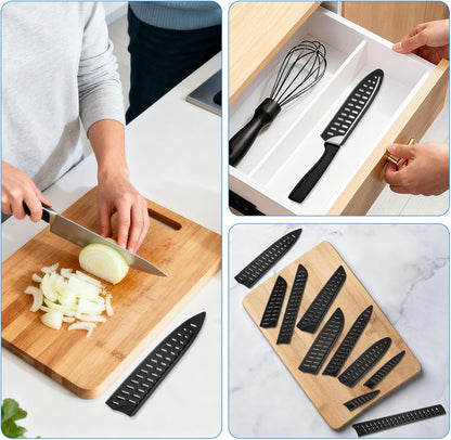 10-Pack Black Knife Sheaths for Kitchen Knives - Universal Protective Blade Covers for 10" Bread Knife, 8" Carving, 7" Chef, 5" Utility, 3.5" Paring Knives, Ventilated Safe Storage, PP Material