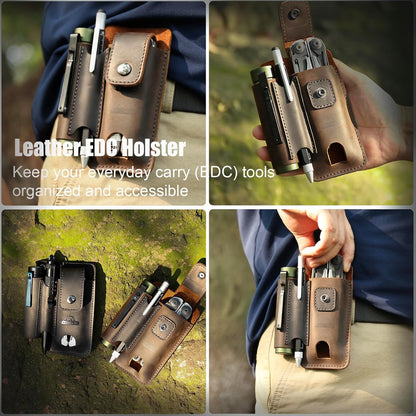 Leather Multitool Sheath - Multi Tool Holster with Belt Clip - EDC Belt Organizer Fits Multitool, Flashlight, Pen - Leather EDC Pouch Belt Holder Case with Closure Flap, Darkbrown