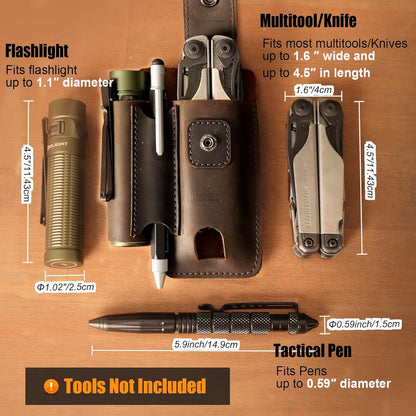 Leather Multitool Sheath - Multi Tool Holster with Belt Clip - EDC Belt Organizer Fits Multitool, Flashlight, Pen - Leather EDC Pouch Belt Holder Case with Closure Flap, Darkbrown