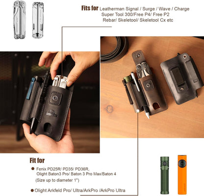 Leather Multitool Sheath - Multi Tool Holster with Belt Clip - EDC Belt Organizer Fits Multitool, Flashlight, Pen - Leather EDC Pouch Belt Holder Case with Closure Flap, Darkbrown