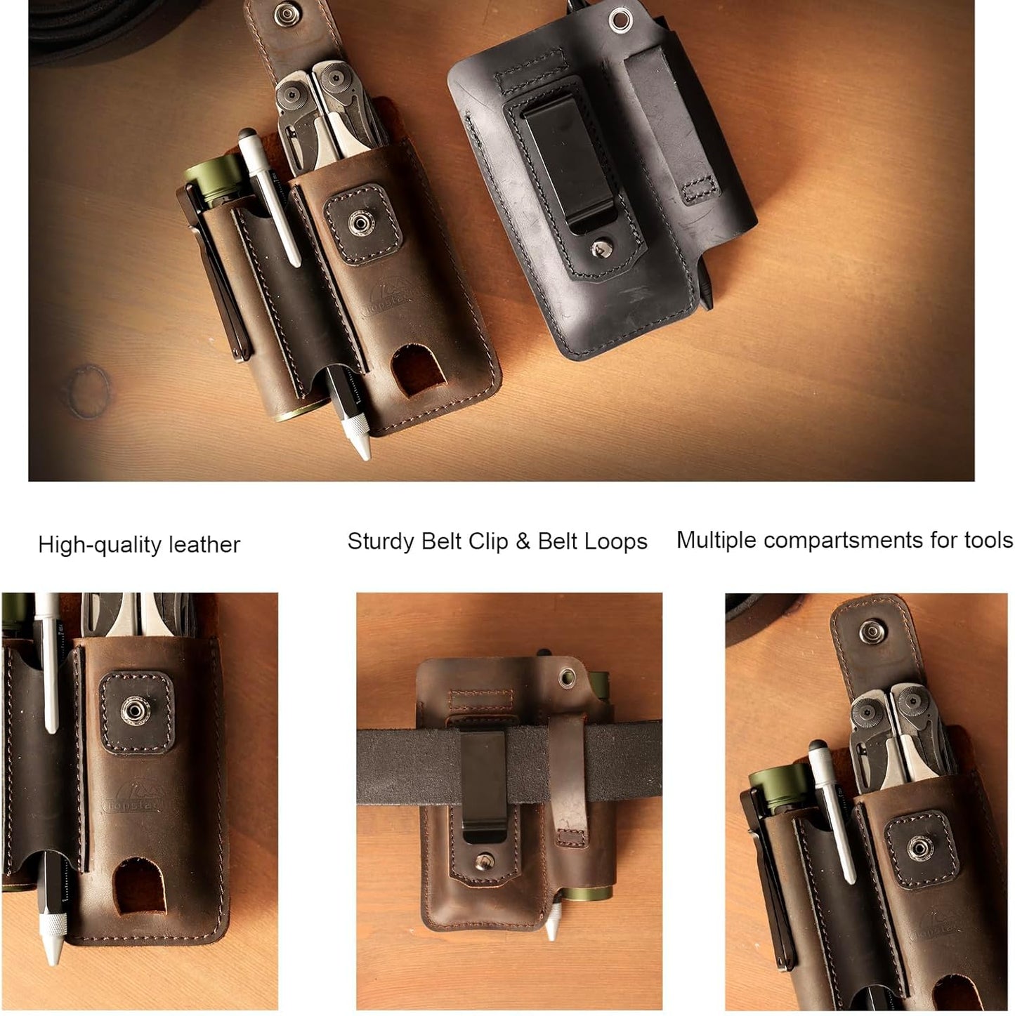 Leather Multitool Sheath - Multi Tool Holster with Belt Clip - EDC Belt Organizer Fits Multitool, Flashlight, Pen - Leather EDC Pouch Belt Holder Case with Closure Flap, Darkbrown
