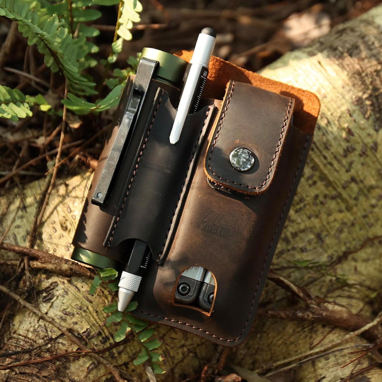 Leather Multitool Sheath - Multi Tool Holster with Belt Clip - EDC Belt Organizer Fits Multitool, Flashlight, Pen - Leather EDC Pouch Belt Holder Case with Closure Flap, Darkbrown