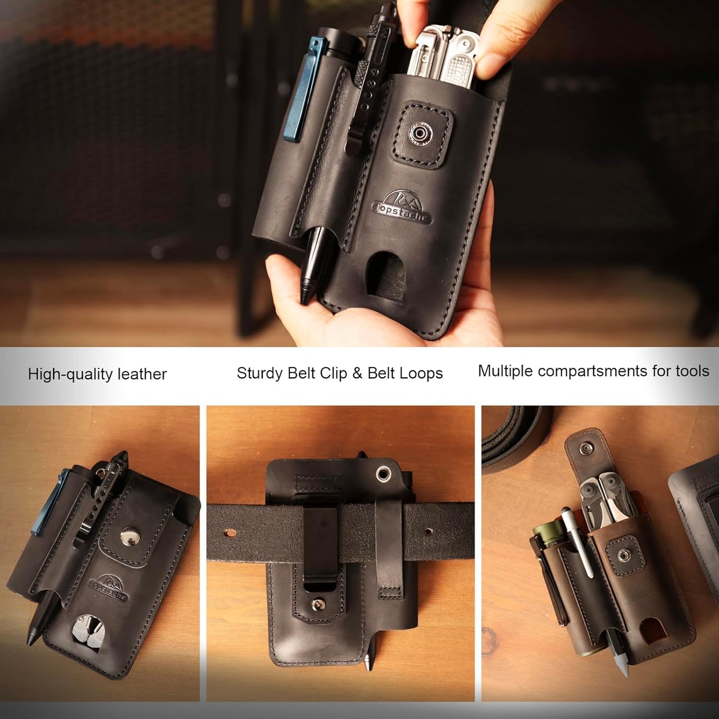 Leather Multitool Sheath - Multi Tool Holster with Belt Clip - EDC Belt Organizer Fits Multitool, Flashlight, Pen - Leather EDC Pouch Belt Holder Case with Closure Flap, Darkbrown