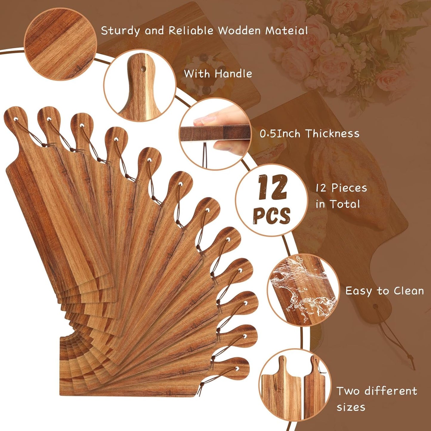 12 Pcs Wood Cutting Board Set with Handle, Chopping and Serving Boards 16x10 Inch and 16x5 Inch, Laser Engraving Ready for Wedding Gift Housewarming Gift for Dad Kitchen Supplies (Acacia)