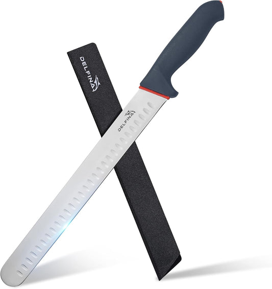 12" Brisket Slicing Knife with Sheath & SoftGrip Handle | Sharp 12-inch blade slices brisket,BBQ & roasts with ease ,Soft-grip handle sheath included,Great gift for grilling men.