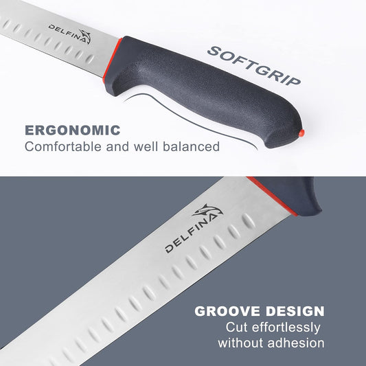 12" Brisket Slicing Knife with Sheath & SoftGrip Handle | Sharp 12-inch blade slices brisket,BBQ & roasts with ease ,Soft-grip handle sheath included,Great gift for grilling men.