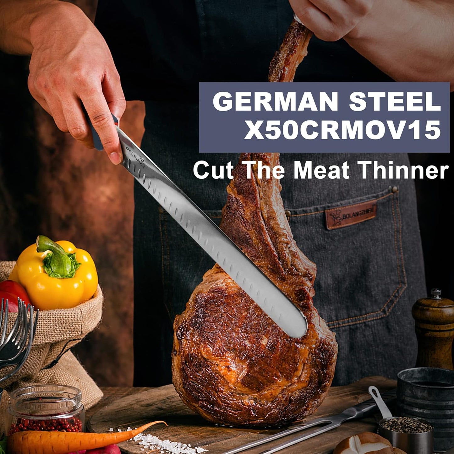 12" Brisket Slicing Knife with Sheath & SoftGrip Handle | Sharp 12-inch blade slices brisket,BBQ & roasts with ease ,Soft-grip handle sheath included,Great gift for grilling men.