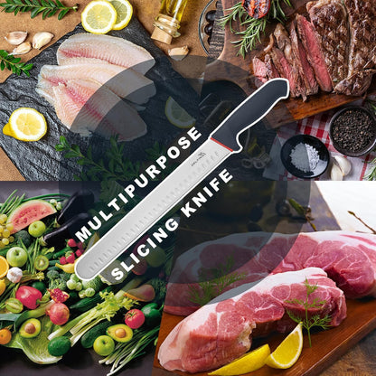 12" Brisket Slicing Knife with Sheath & SoftGrip Handle | Sharp 12-inch blade slices brisket,BBQ & roasts with ease ,Soft-grip handle sheath included,Great gift for grilling men.
