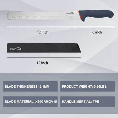 12" Brisket Slicing Knife with Sheath & SoftGrip Handle | Sharp 12-inch blade slices brisket,BBQ & roasts with ease ,Soft-grip handle sheath included,Great gift for grilling men.