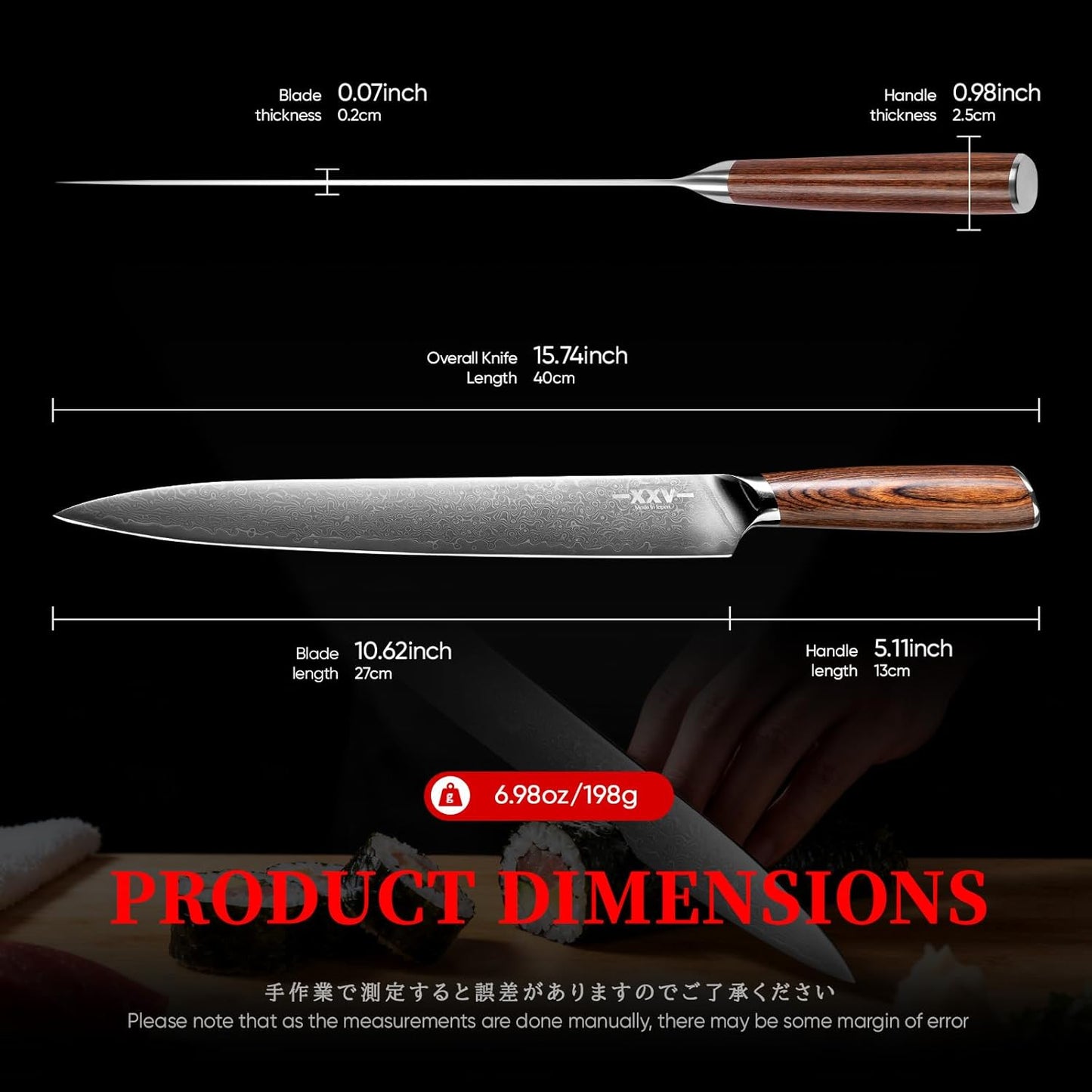 10 Inch Sashimi Knife, Steel VG10 Damascus Steel Hardness of 62 HRC Sushi Knives,Chef's Knife Knives with Sandalwood Handle for Fish Filleting yanagiknife