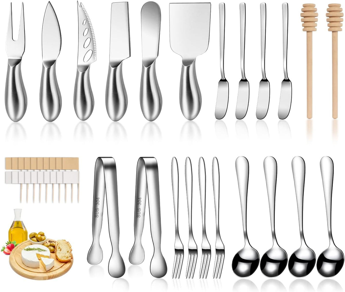 Silver Cheese Knife Set For Charcuterie Board Accessories, Stainless Steel Cheese Slicer And Butter Spreader knives Kit With Serving Tongs, Spoons, Forks, Flags Cheese Markers, Honey Dipper (23 Pack)