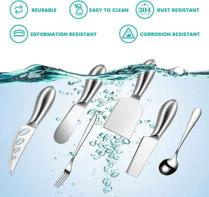 Silver Cheese Knife Set For Charcuterie Board Accessories, Stainless Steel Cheese Slicer And Butter Spreader knives Kit With Serving Tongs, Spoons, Forks, Flags Cheese Markers, Honey Dipper (23 Pack)