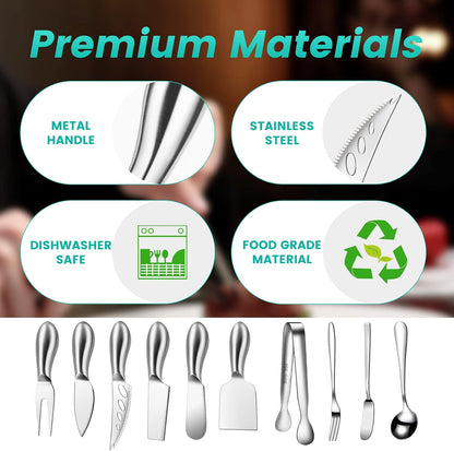 Silver Cheese Knife Set For Charcuterie Board Accessories, Stainless Steel Cheese Slicer And Butter Spreader knives Kit With Serving Tongs, Spoons, Forks, Flags Cheese Markers, Honey Dipper (23 Pack)