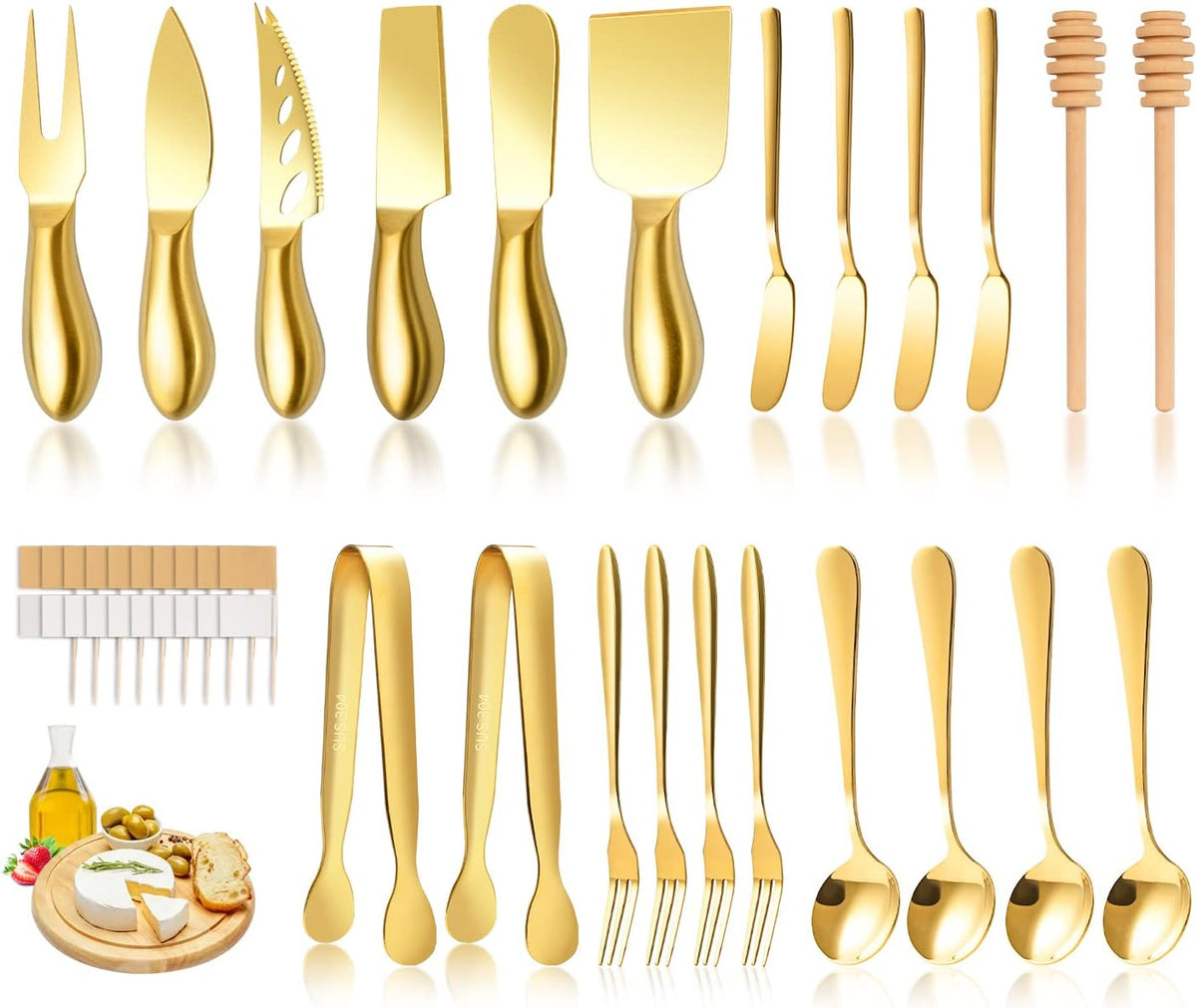 Silver Cheese Knife Set For Charcuterie Board Accessories, Stainless Steel Cheese Slicer And Butter Spreader knives Kit With Serving Tongs, Spoons, Forks, Flags Cheese Markers, Honey Dipper (23 Pack)