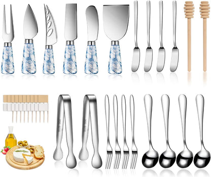 Silver Cheese Knife Set For Charcuterie Board Accessories, Stainless Steel Cheese Slicer And Butter Spreader knives Kit With Serving Tongs, Spoons, Forks, Flags Cheese Markers, Honey Dipper (23 Pack)
