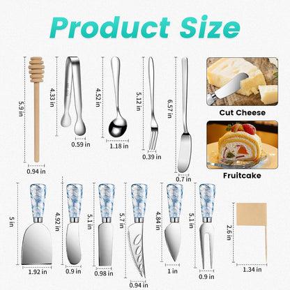 Silver Cheese Knife Set For Charcuterie Board Accessories, Stainless Steel Cheese Slicer And Butter Spreader knives Kit With Serving Tongs, Spoons, Forks, Flags Cheese Markers, Honey Dipper (23 Pack)