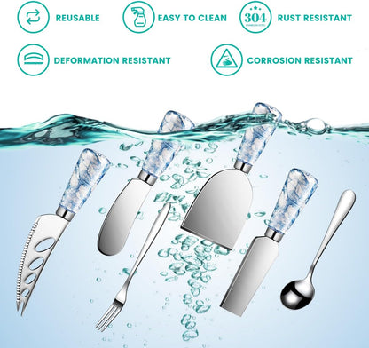 Silver Cheese Knife Set For Charcuterie Board Accessories, Stainless Steel Cheese Slicer And Butter Spreader knives Kit With Serving Tongs, Spoons, Forks, Flags Cheese Markers, Honey Dipper (23 Pack)